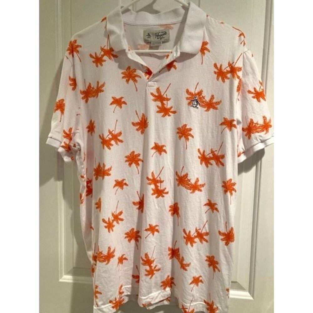 Original Penguin Men’s Polo Pique Palm Tree Shirt Orange on White All-Over Print